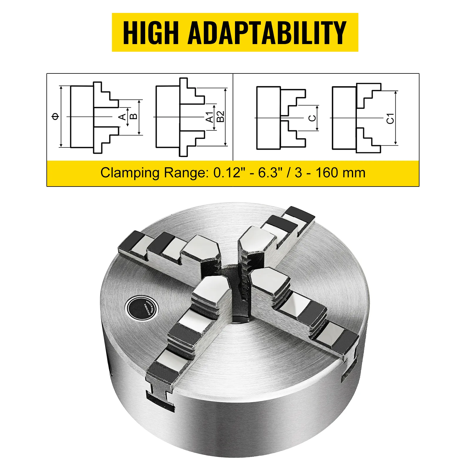 VEVOR lathe chuck with high adaptability and clamping range of 0.12”-6.3”/3-160 mm.
