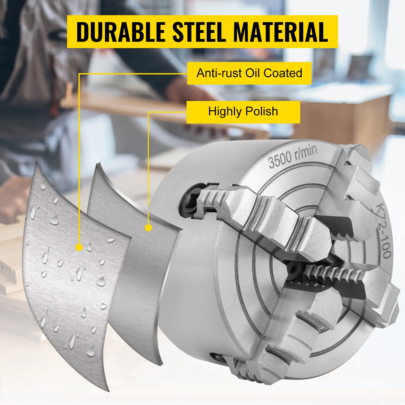 Mandril de torno VEVOR con acero duradero, revestimiento antioxidante y acabado de alto brillo.