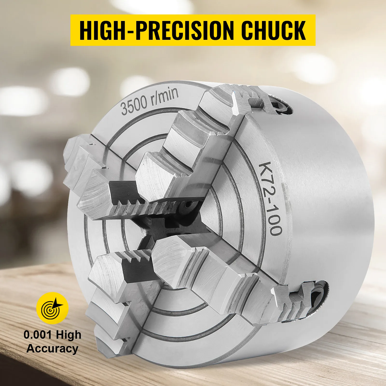 Mandril de torno VEVOR k72-100 con alta precisión, 3500 rpm y 0,001 de alta exactitud.