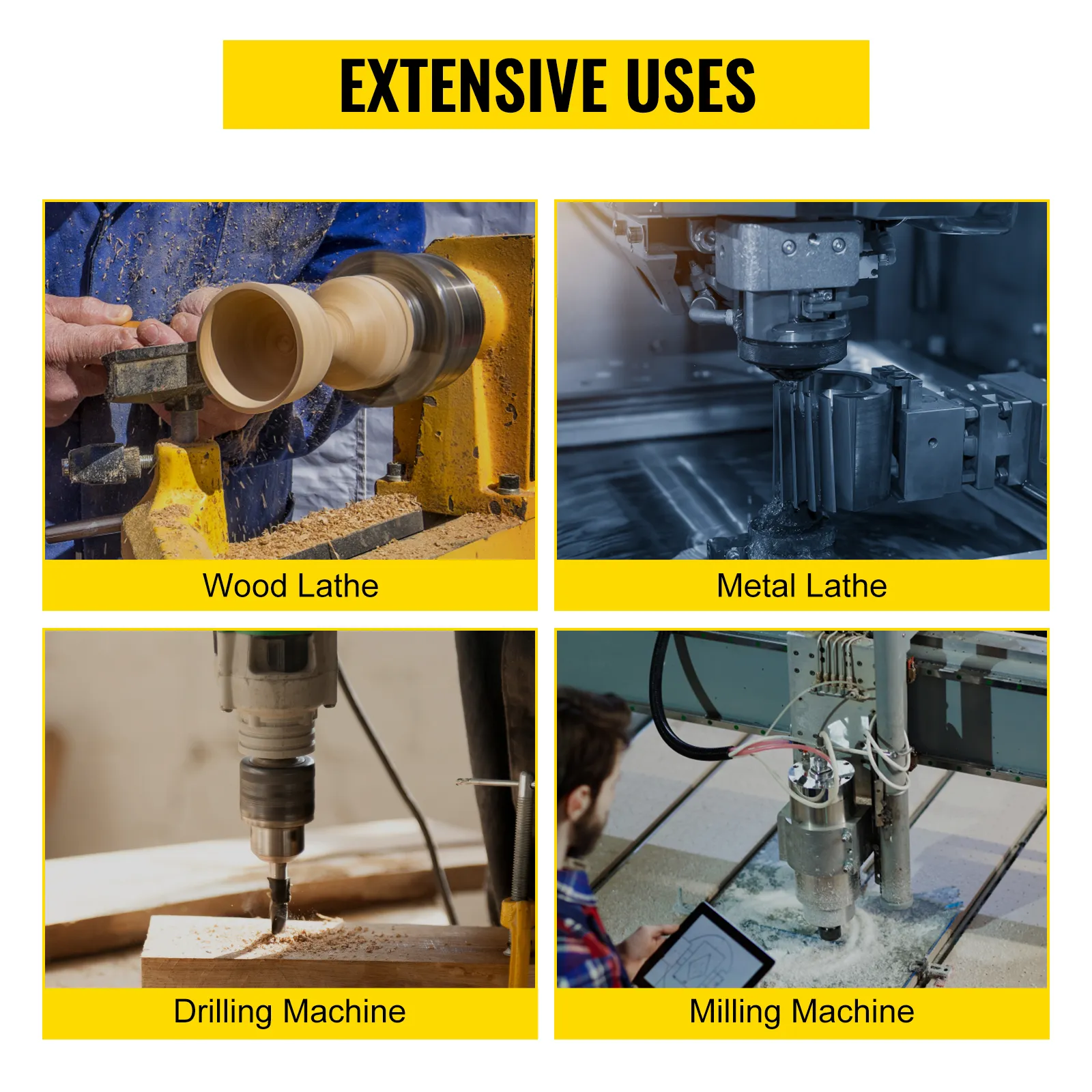torno de madera, torno de metal, taladradora y fresadora que muestran amplios usos.