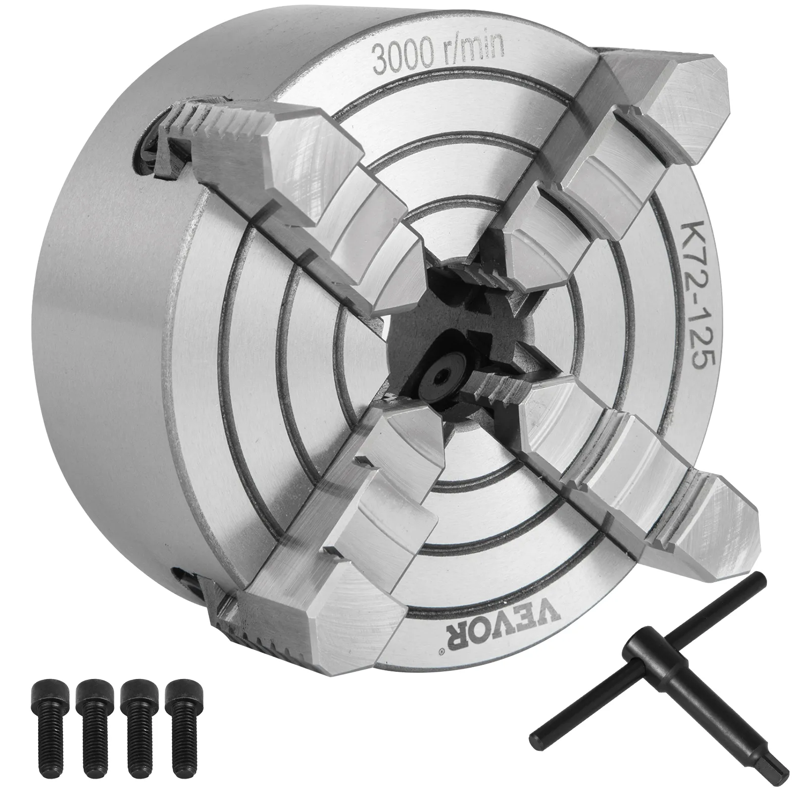 Mandril de torno VEVOR, 4 mordazas, 3000 rpm, con llave y tornillos de montaje.