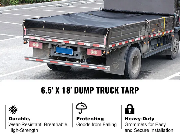 6.5' x 18' black VEVOR dump truck mesh tarp protecting goods, installed on a truck in a parking lot.