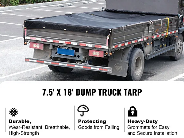 VEVOR dump truck mesh tarp covering a heavy-duty dump truck bed in a parking lot, measuring 7.5' x 18'.