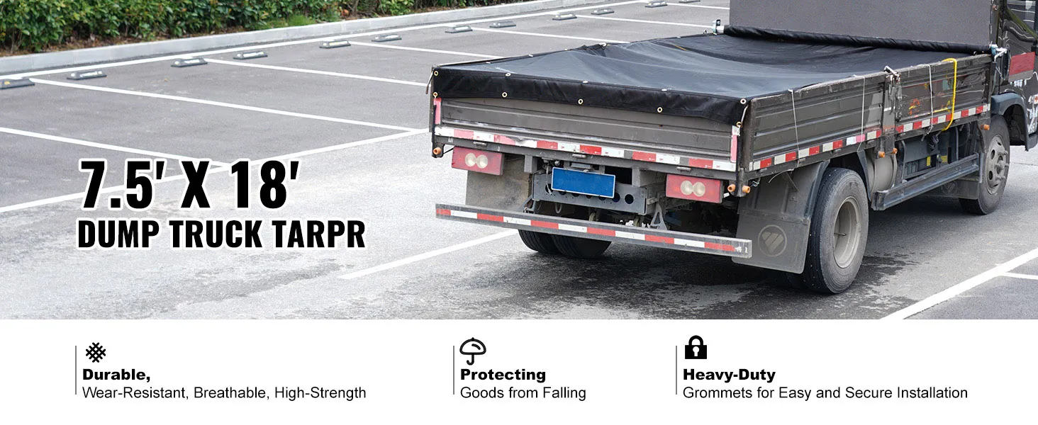 VEVOR dump truck mesh tarp covering a heavy-duty dump truck bed in a parking lot, measuring 7.5' x 18'.