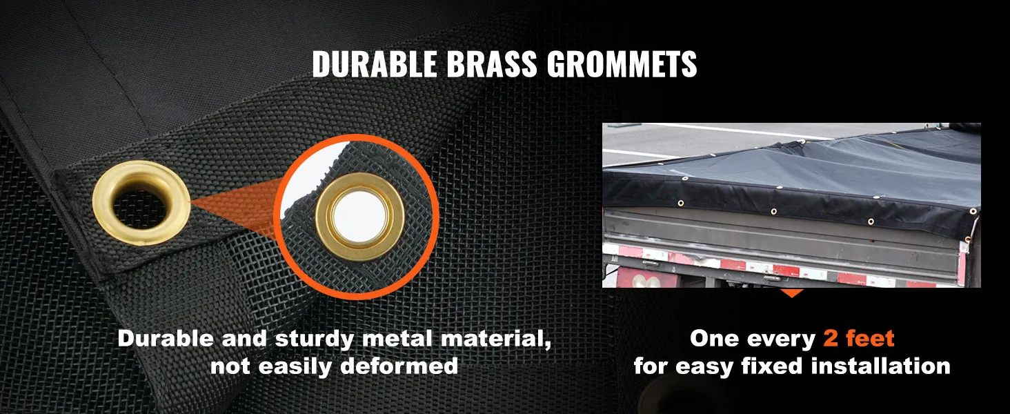 durable brass grommets on VEVOR dump truck mesh tarp, spaced every 2 feet for easy and secure installation.