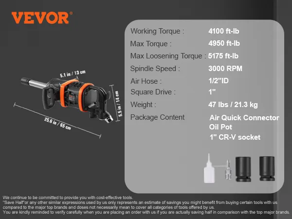 VEVOR air impact wrench: 4100 ft-lb torque, 1" drive, 200psi, 25.6" long, includes quick connector and socket.