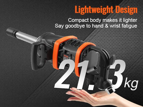 lightweight VEVOR air impact wrench displayed on an open hand with text highlighting its 21.3 kg weight.