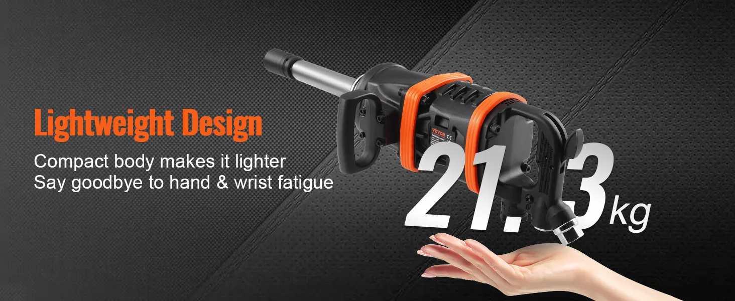 lightweight VEVOR air impact wrench displayed on an open hand with text highlighting its 21.3 kg weight.