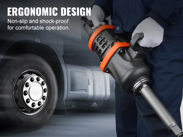 worker using VEVOR air impact wrench with ergonomic design, truck tire in the background.