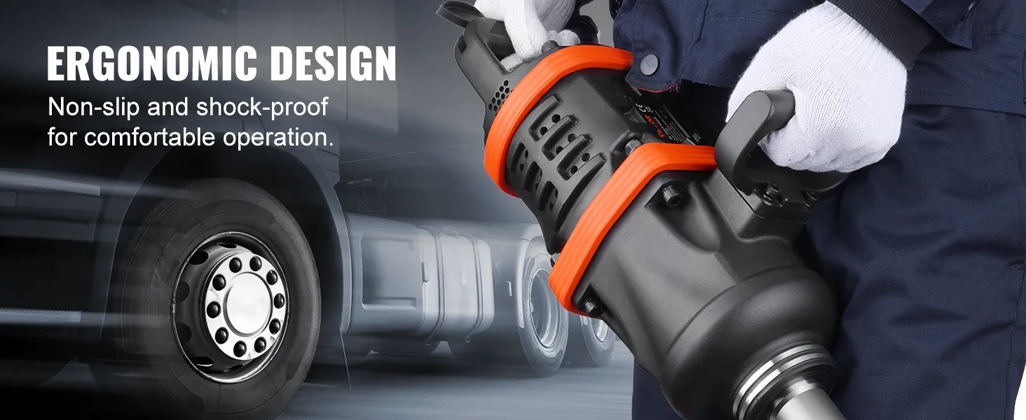 worker using VEVOR air impact wrench with ergonomic design, truck tire in the background.