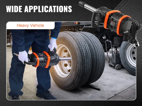 wide applications of VEVOR air impact wrench for heavy vehicle tire change.