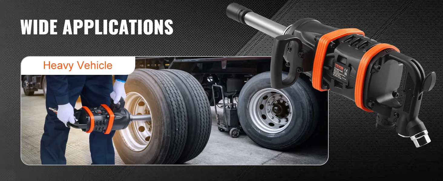 wide applications of VEVOR air impact wrench for heavy vehicle tire change.
