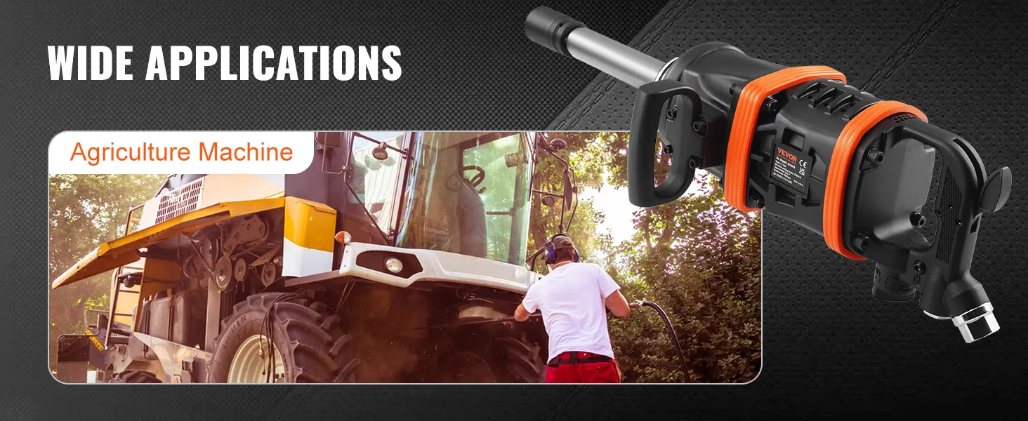 VEVOR air impact wrench demonstrating use on agriculture machinery, showcasing wide application benefits.