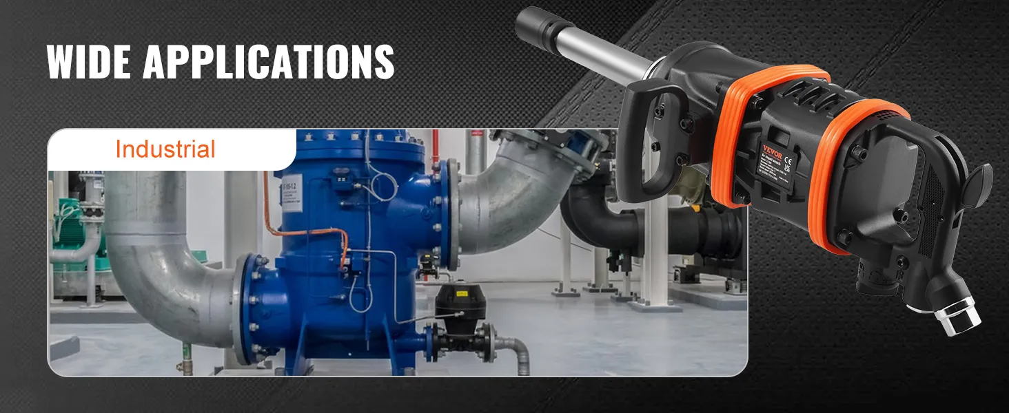 VEVOR air impact wrench highlighting its wide industrial applications with machinery background.