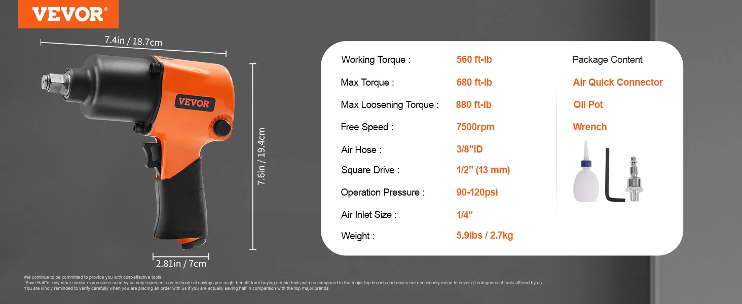VEVOR air impact wrench, 680 ft-lb max torque, 7500rpm speed, comes with air quick connector, oil pot, and wrench.