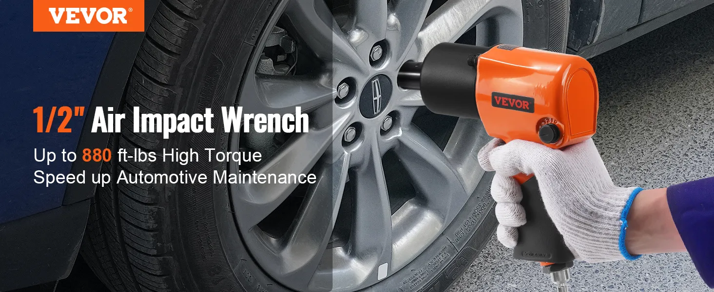 VEVOR air impact wrench in use on car wheel, displaying up to 880 ft-lbs torque for maintenance.