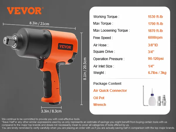 VEVOR air impact wrench, orange-black, 1700 ft-lb max torque, 8.1in height, accessories included.