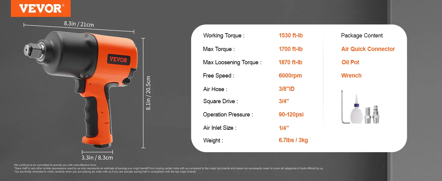 VEVOR air impact wrench, orange-black, 1700 ft-lb max torque, 8.1in height, accessories included.