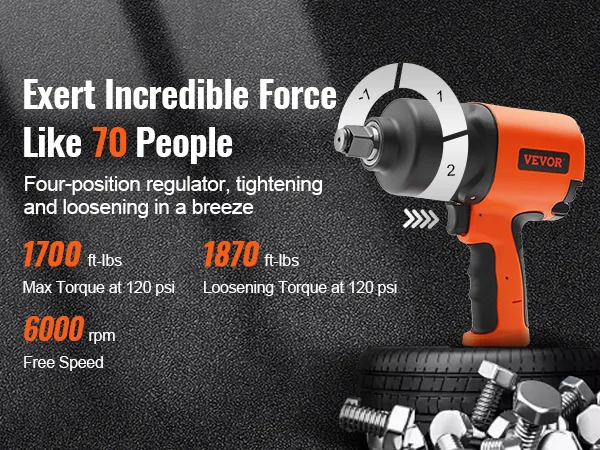 VEVOR air impact wrench: 1700 ft-lbs max torque, 1870 ft-lbs loosening torque, 6000 rpm free speed.
