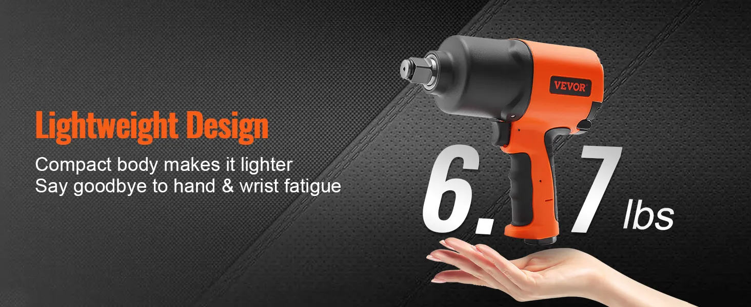 VEVOR air impact wrench, lightweight design at 6.7 lbs; compact and reduces hand and wrist fatigue.