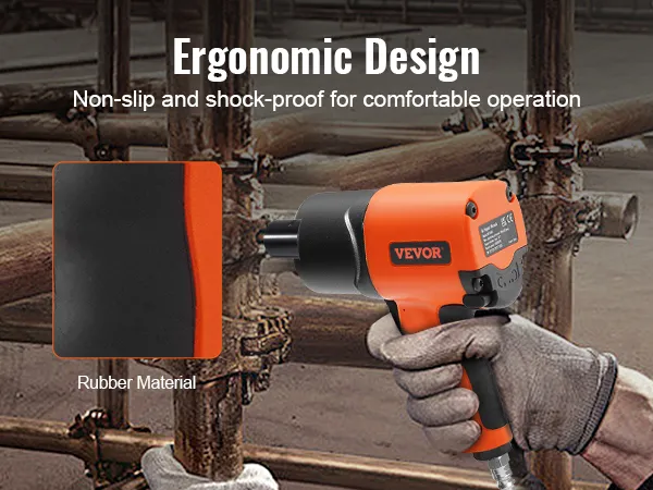 worker using VEVOR air impact wrench with ergonomic design and non-slip rubber material.