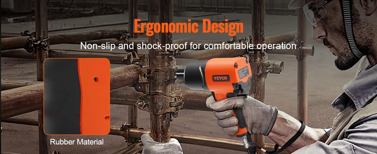 worker using VEVOR air impact wrench with ergonomic design and non-slip rubber material.