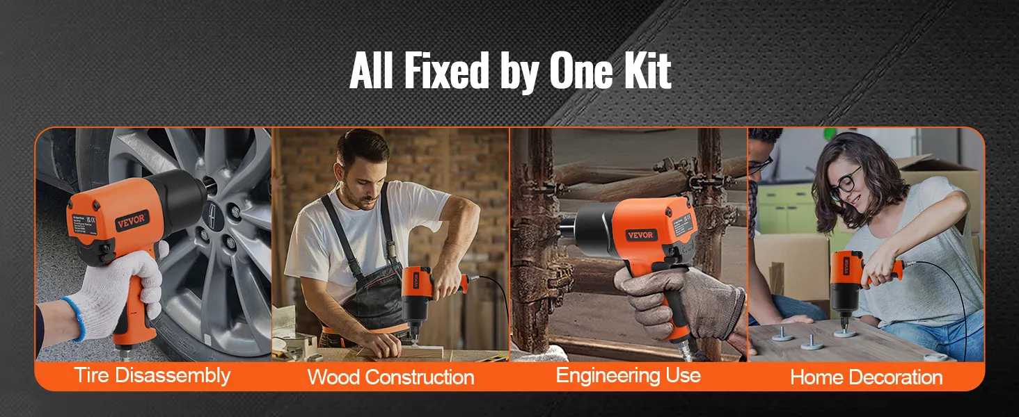 VEVOR air impact wrench for tire disassembly, wood construction, engineering, and home decoration tasks.