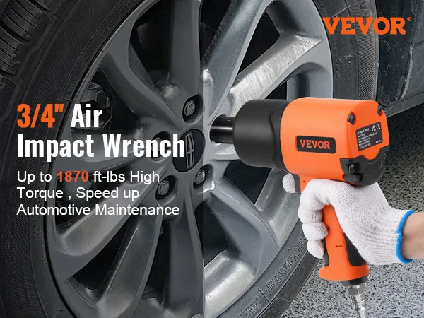 VEVOR air impact wrench used on a car tire, delivers up to 1870 ft-lbs high torque for automotive maintenance.