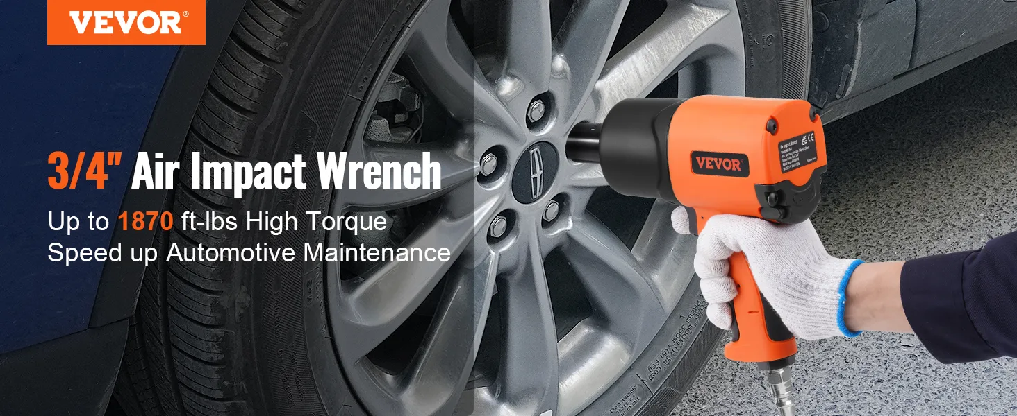 VEVOR air impact wrench used on a car tire, delivers up to 1870 ft-lbs high torque for automotive maintenance.