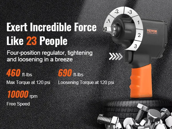 VEVOR luchtsteksleutel met vier-standenschakelaar, 460 ft-lbs, 690 ft-lbs, 10000 rpm.