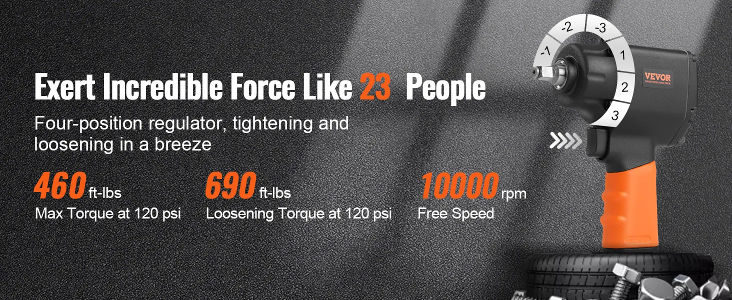 VEVOR luchtsteksleutel met vier-standenschakelaar, 460 ft-lbs, 690 ft-lbs, 10000 rpm.