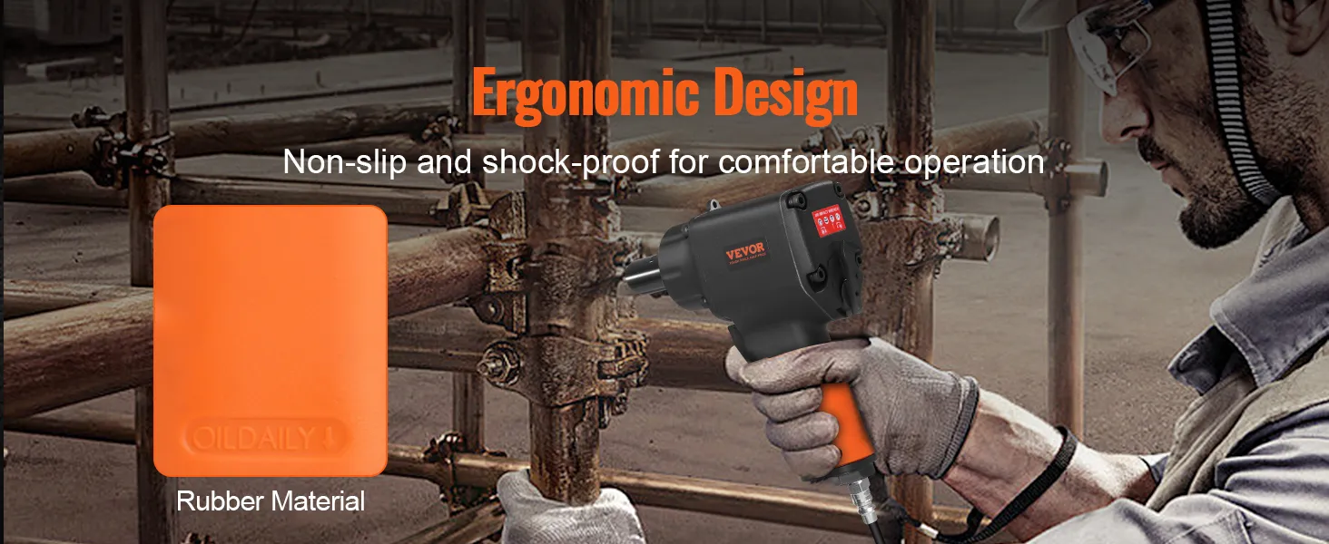 werknemer die een VEVOR-slagmoersleutel met ergonomisch ontwerp gebruikt in een industriële omgeving.