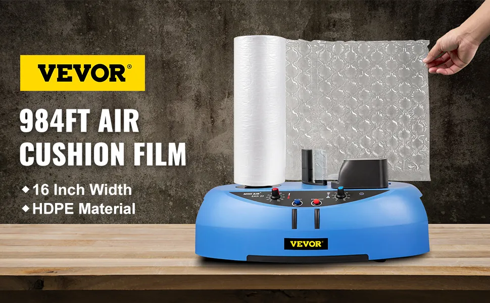 VEVOR air cushion film machine with 984ft hdpe bubble wrap on a wooden table.
