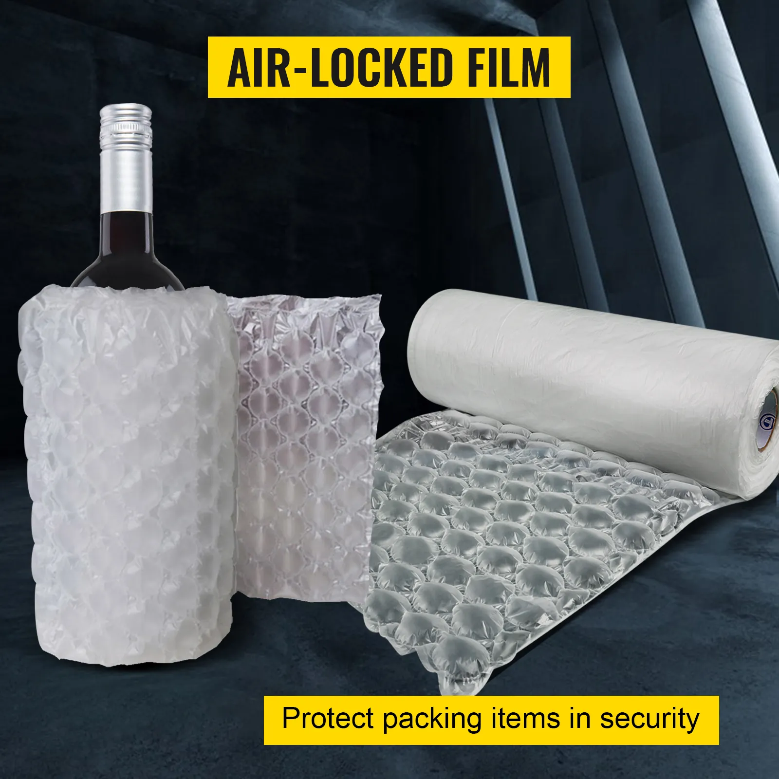 VEVOR air cushion film surrounding wine bottle and film roll in dark background