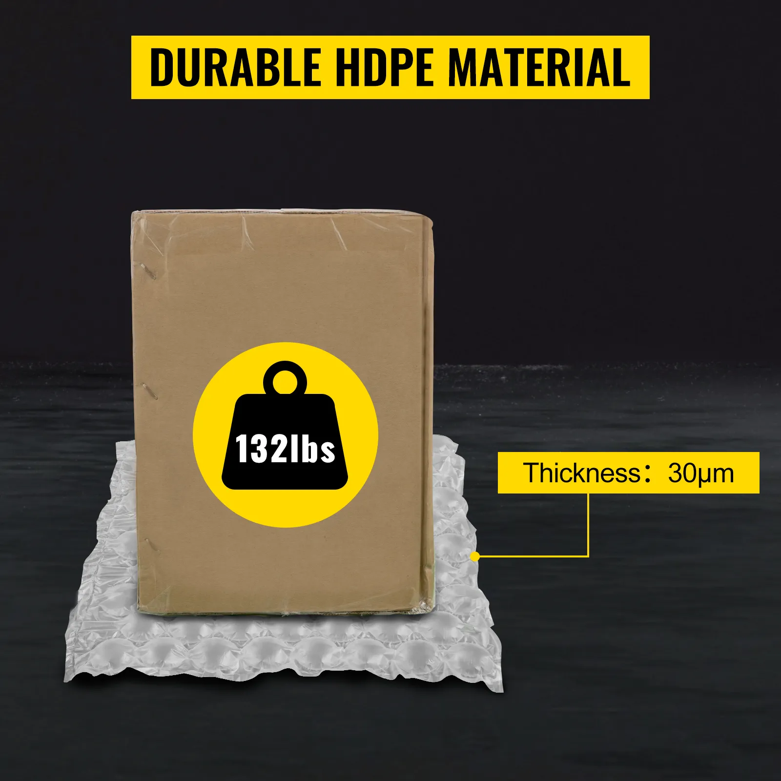 VEVOR air cushion film supporting a 132lbs box with "durable hdpe material" text.