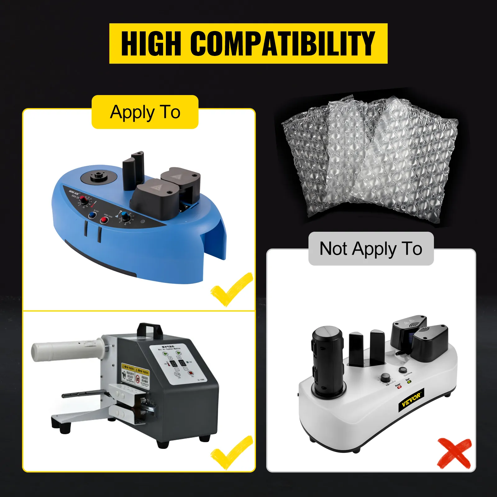 VEVOR air cushion film compatibility guide with different machines.