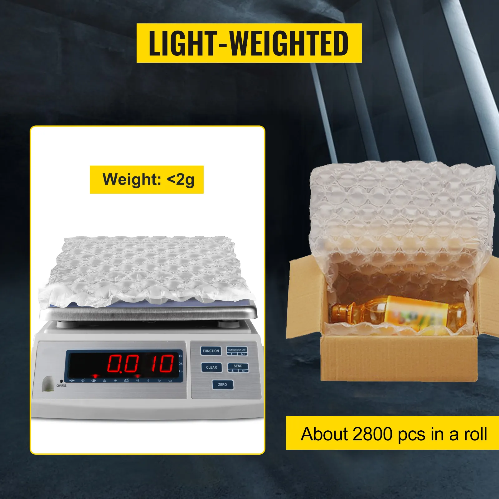 VEVOR air cushion film, less than 2g, 2800 pieces per roll, lightweight packaging.