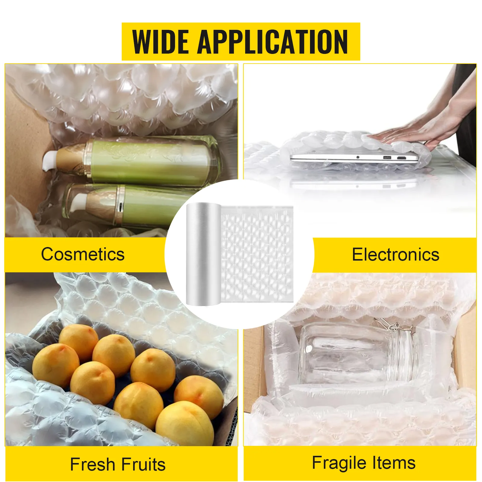 VEVOR air cushion film protecting cosmetics, electronics, fresh fruits, and fragile items.