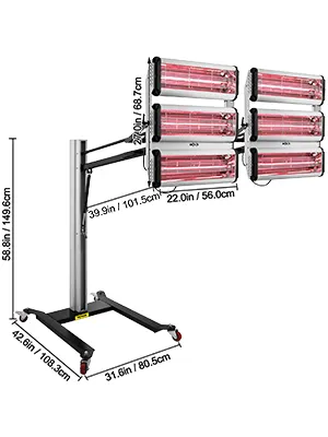 VEVOR paint curing lamp with measurements on a mobile, adjustable stand.