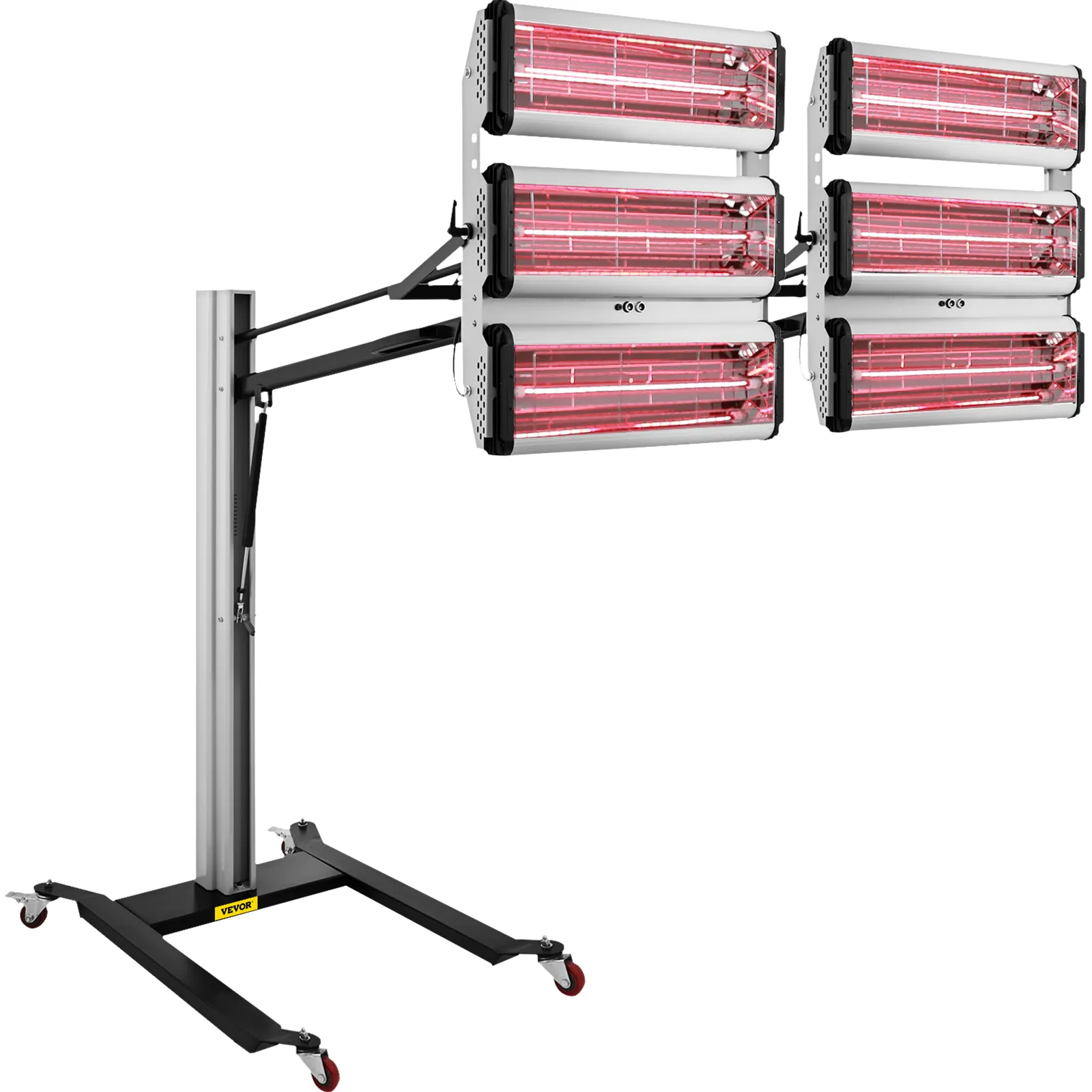 VEVOR paint curing lamp with six red heating panels on a mobile stand.