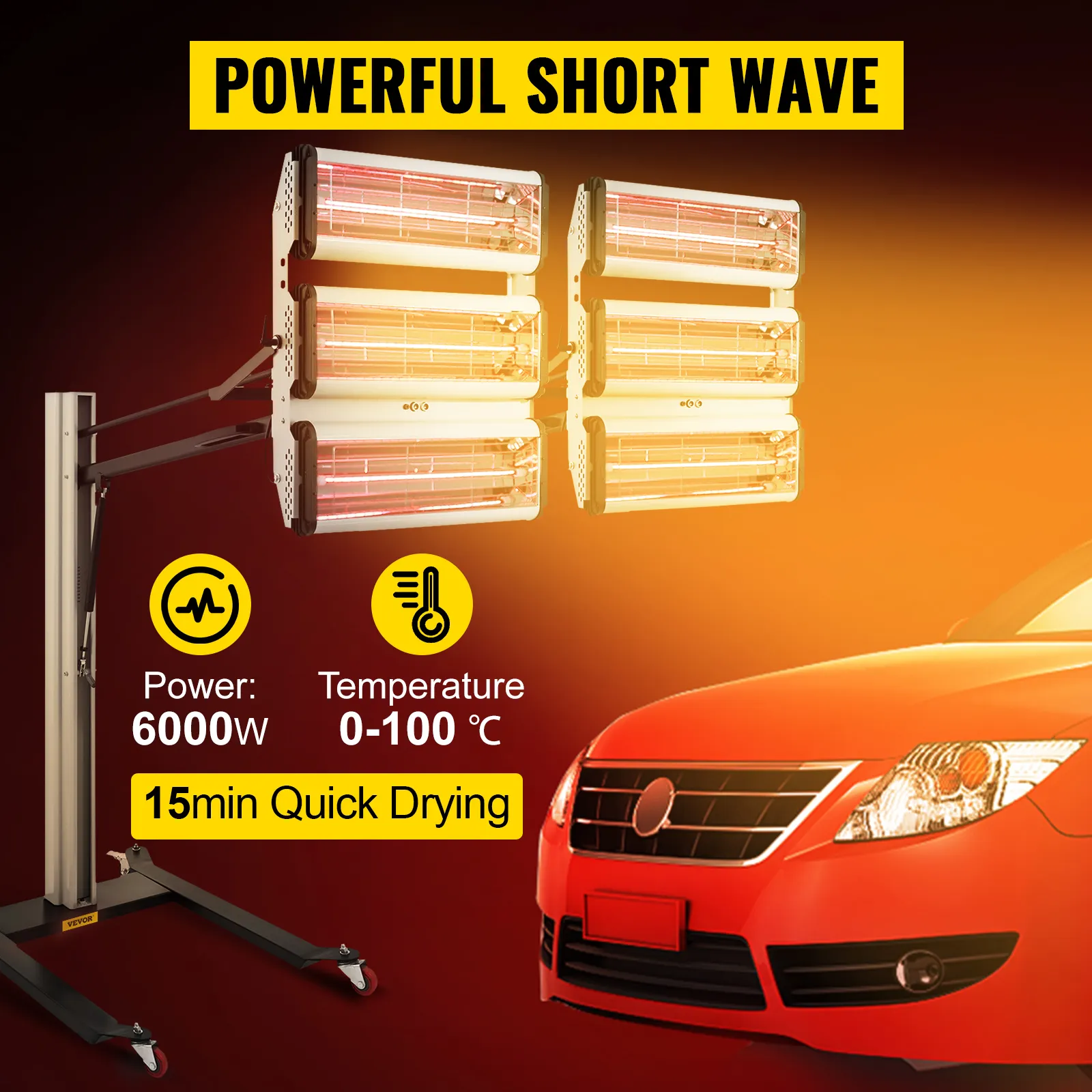 VEVOR paint curing lamp, 6000w, 0-100°c, 15min quick drying, powerful short wave.