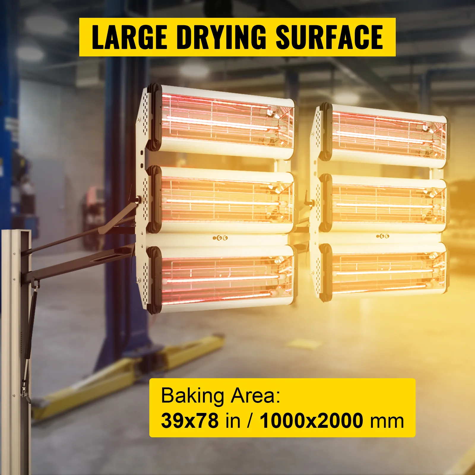 VEVOR paint curing lamp featuring a large drying surface, baking area 39x78in (1000x2000mm).