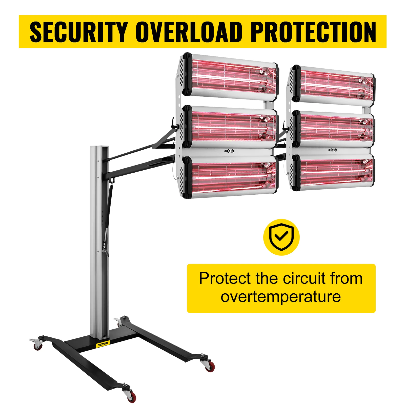 VEVOR paint curing lamp with security overload protection and overtemperature safeguard.