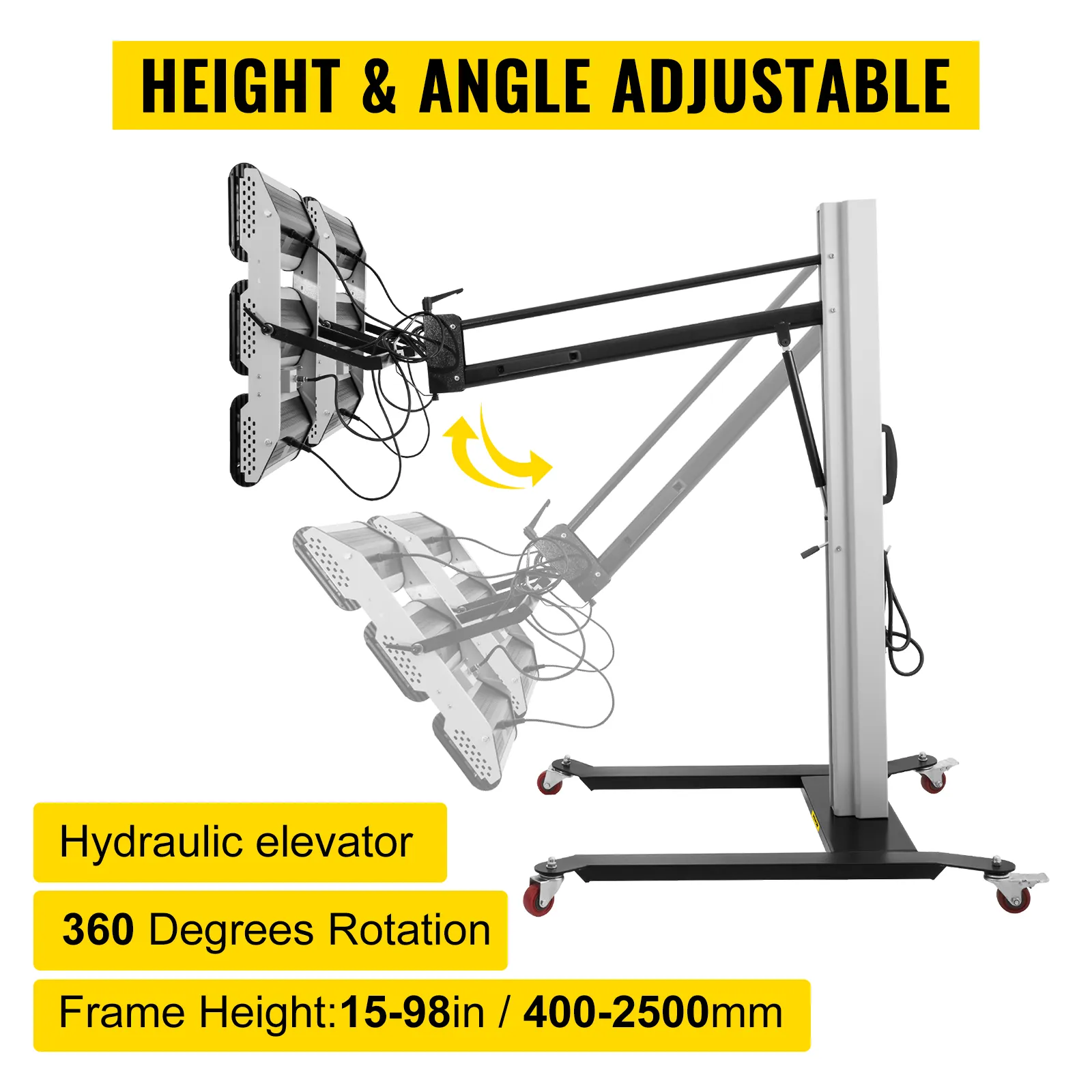 VEVOR paint curing lamp with adjustable height, 360-degree rotation, and hydraulic elevator.