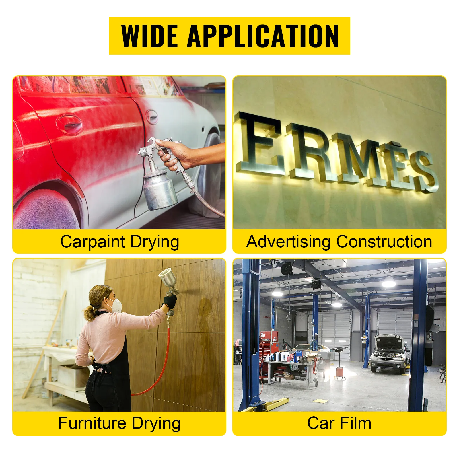 wide application of VEVOR paint curing lamp: carpaint drying, advertising, furniture, car film.