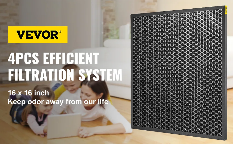 VEVOR hepa filter ad displaying hexagonal filter and family in cozy living room.