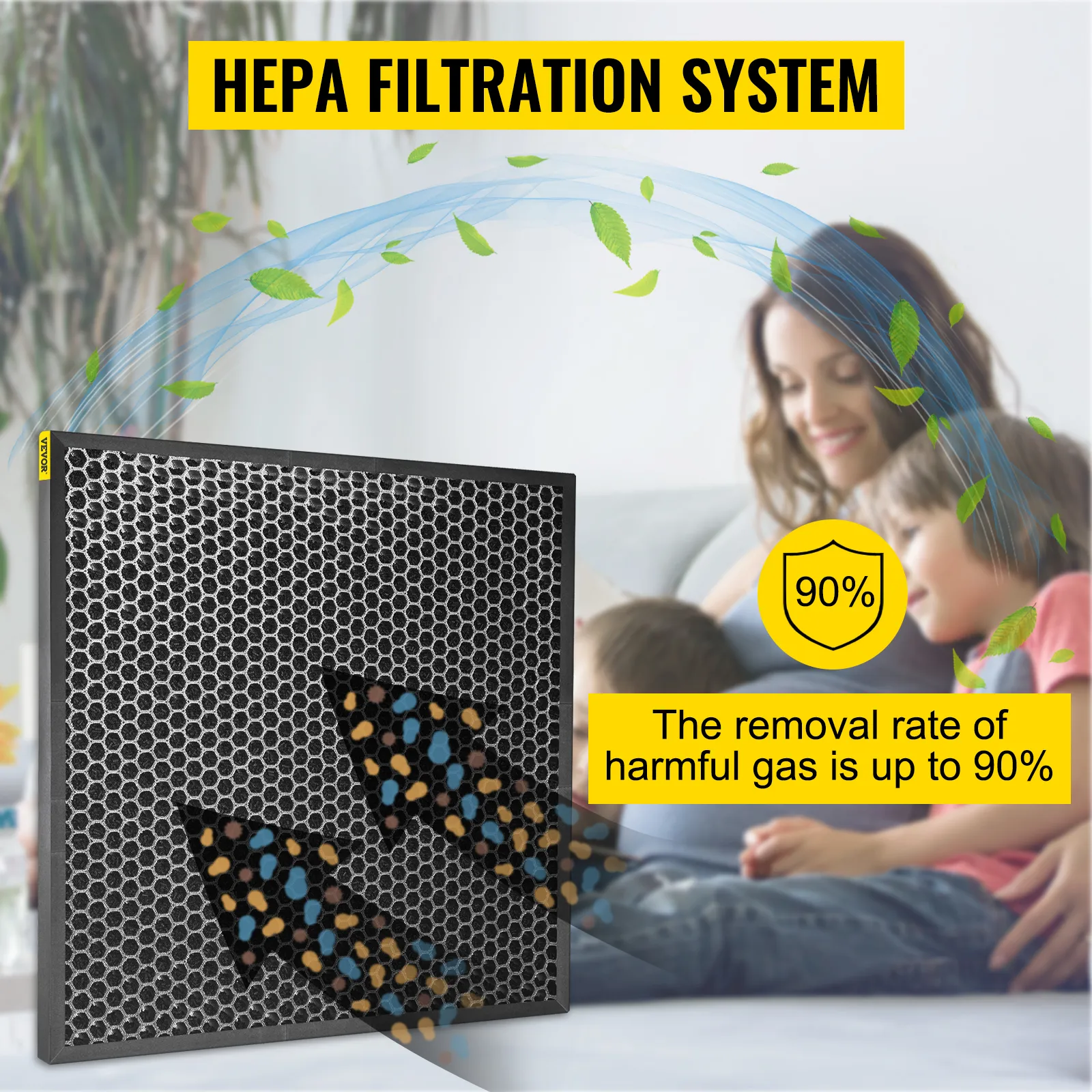 VEVOR hepa filter removes 90% of harmful gases, showcasing its efficiency with visual elements.