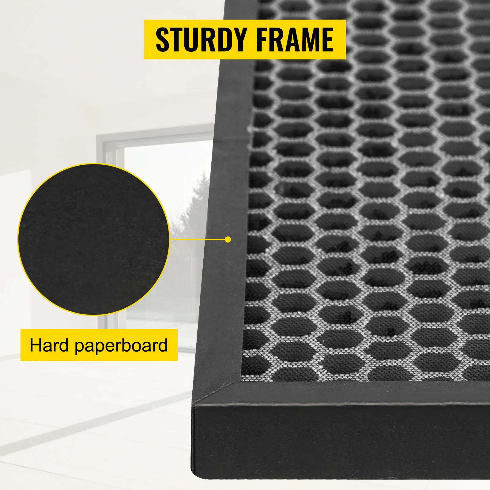 VEVOR hepa filter with sturdy hard paperboard frame, detailed honeycomb texture.