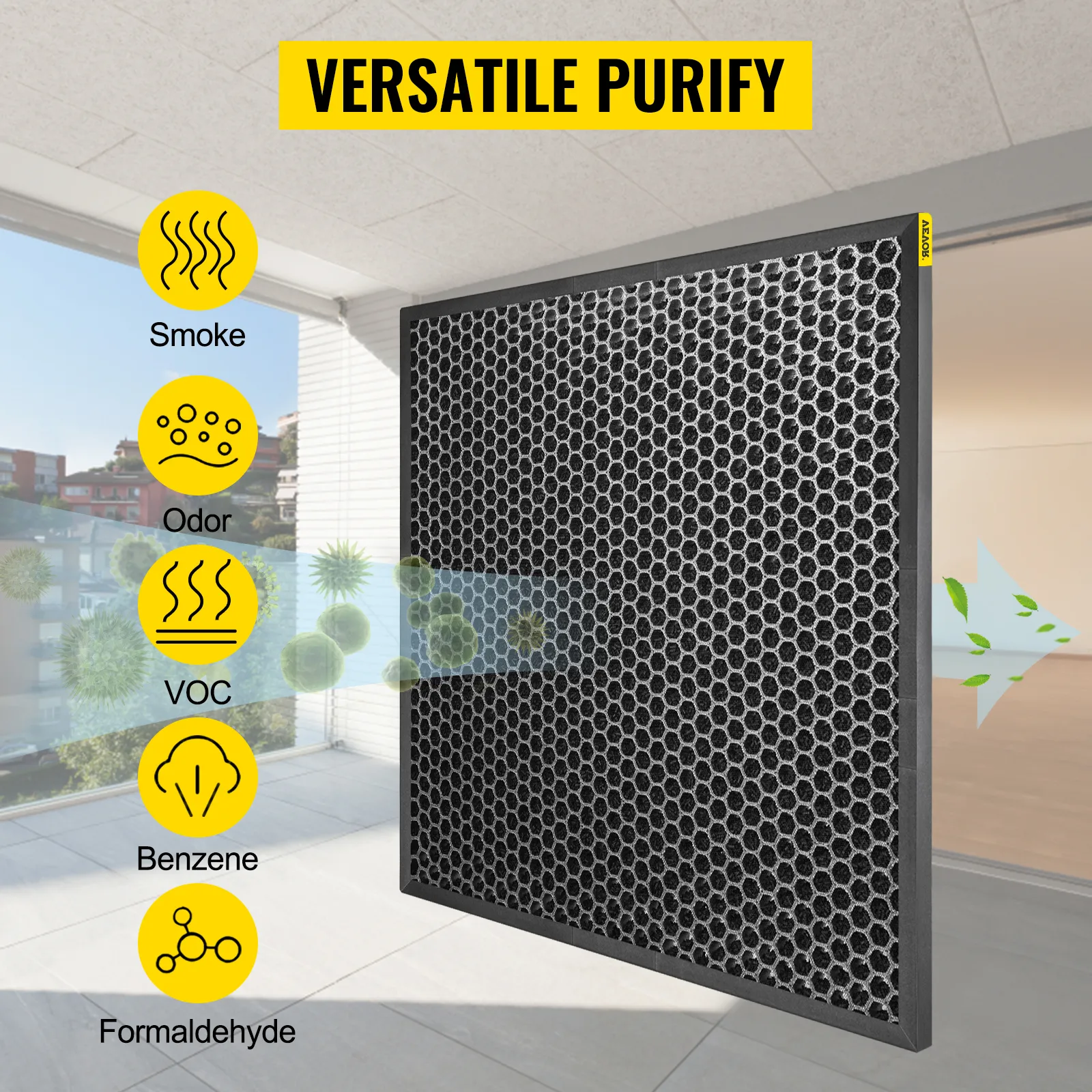 VEVOR hepa filter showcasing versatile purification of smoke, odor, voc, benzene, and formaldehyde.