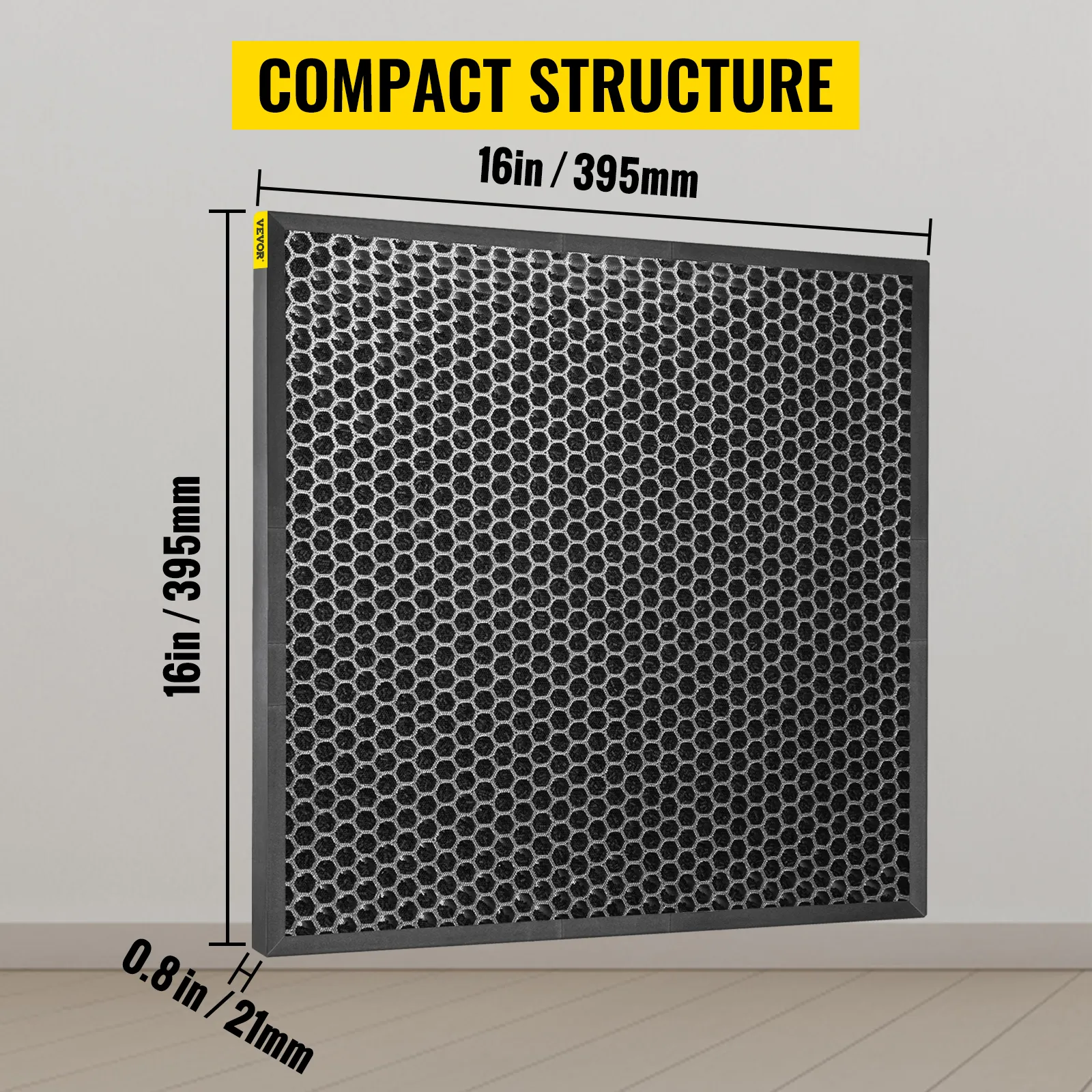 VEVOR hepa filter with compact structure, dimensions 16in/395mm x 0.8in/21mm.